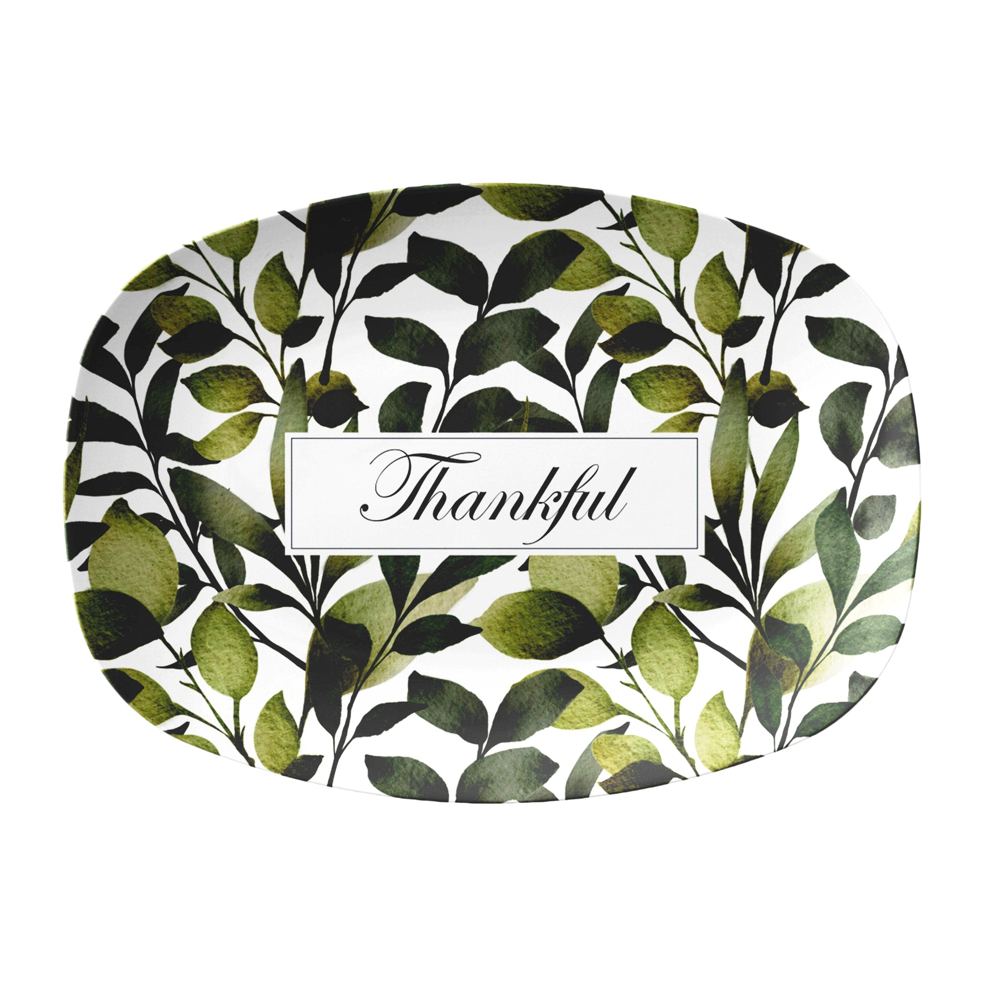Decorative serving tray with green leaf pattern and 'Thankful' text on a white background