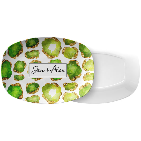 Personalized Serving Platter, Gemstone Print, Peridot Green and Gold, Luxury Plastic