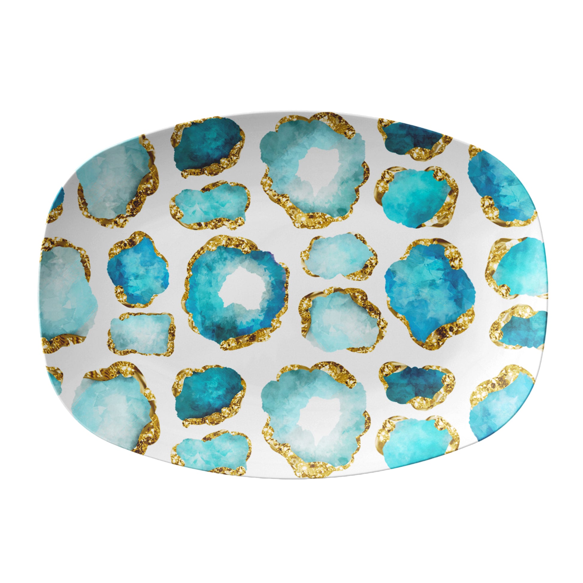Gemstone print oval serving platter features aquamarine jewels with gold accents on white