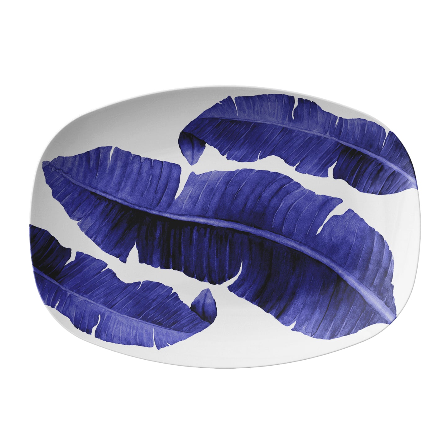 Decorative serving platter with blue banana leaf pattern on a white background