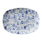 Blue and white asian pagodas, trees, bridges and mountains are printed on this white chinoiserie toile serving platter.