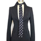 Black suit jacket with a polka dot blunt-edge neck tie on a mannequin against a white background