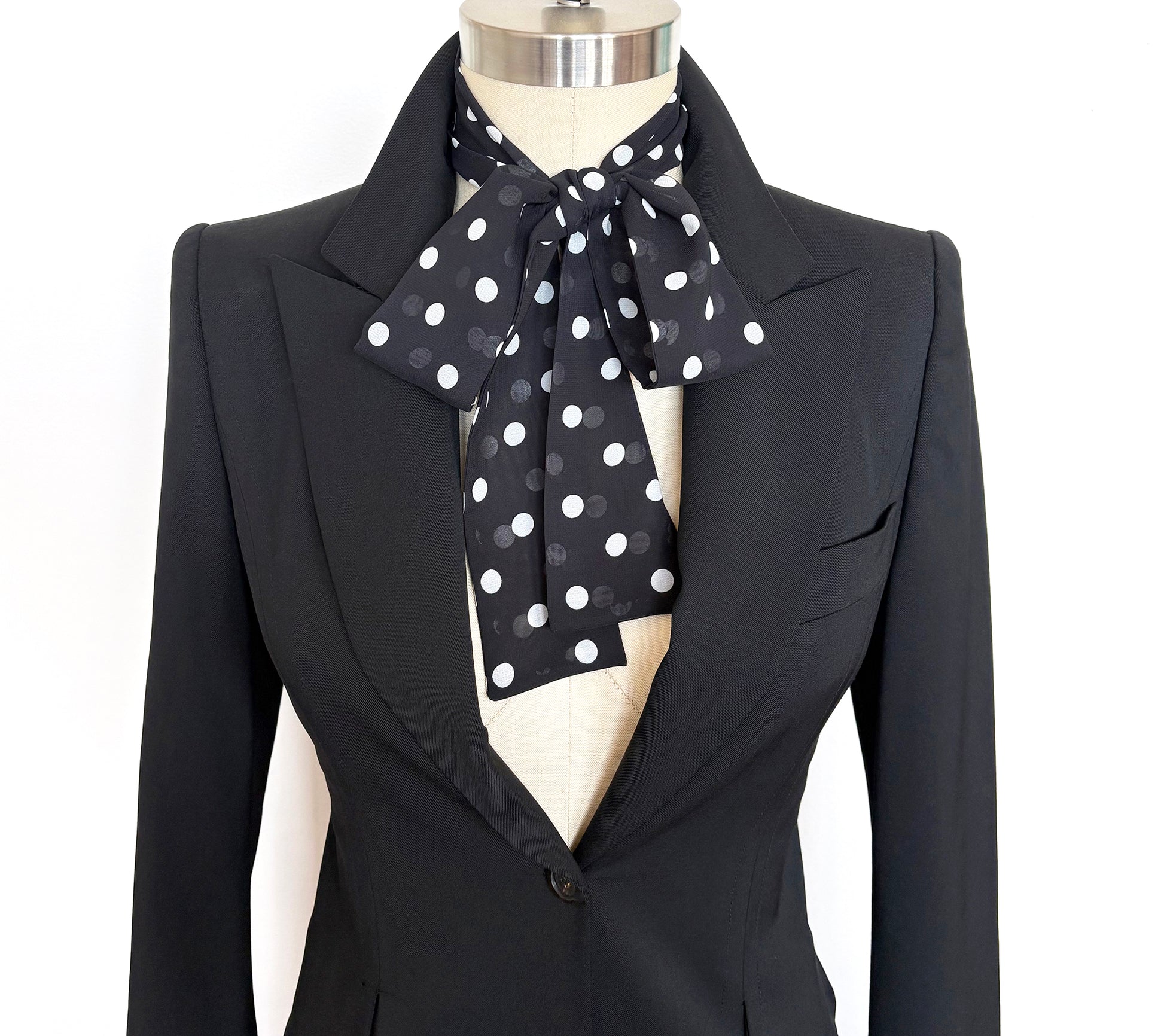 Black and White Polka Dot Skinny Scarf, Long Unisex Neck Tie with black blazer