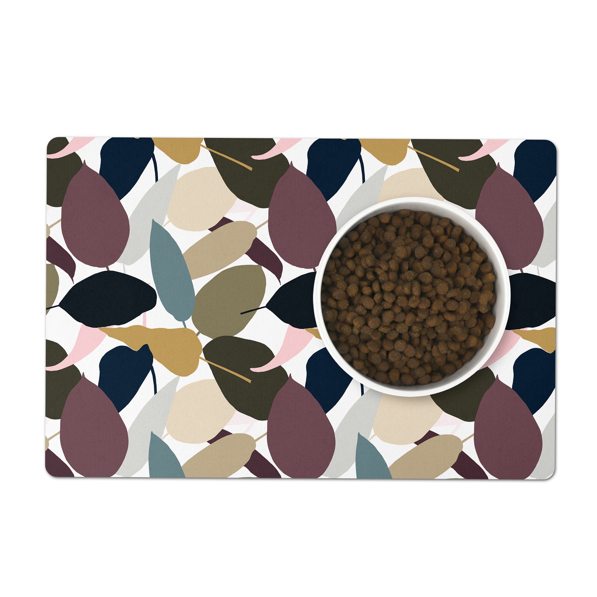 Designer pet bowl mat in gorgeous modern leaf shapes in rich earthy hues.