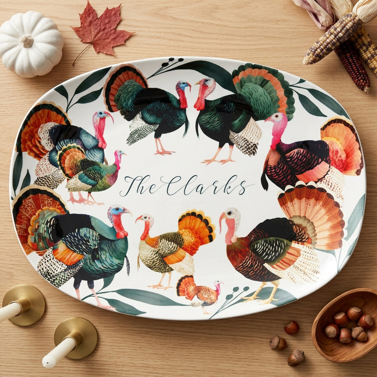 Personalized Colorful Turkey Thanksgiving Serving Platter, Luxe Plastic, Earth Tones/Green