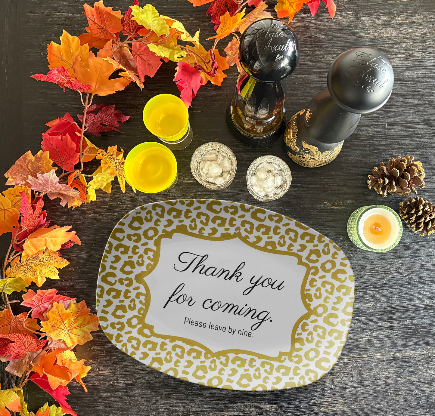 Fun Leopard Print Serving Platter, Gold – “Thank You for Coming. Please Leave by Nine”, Luxury Plastic