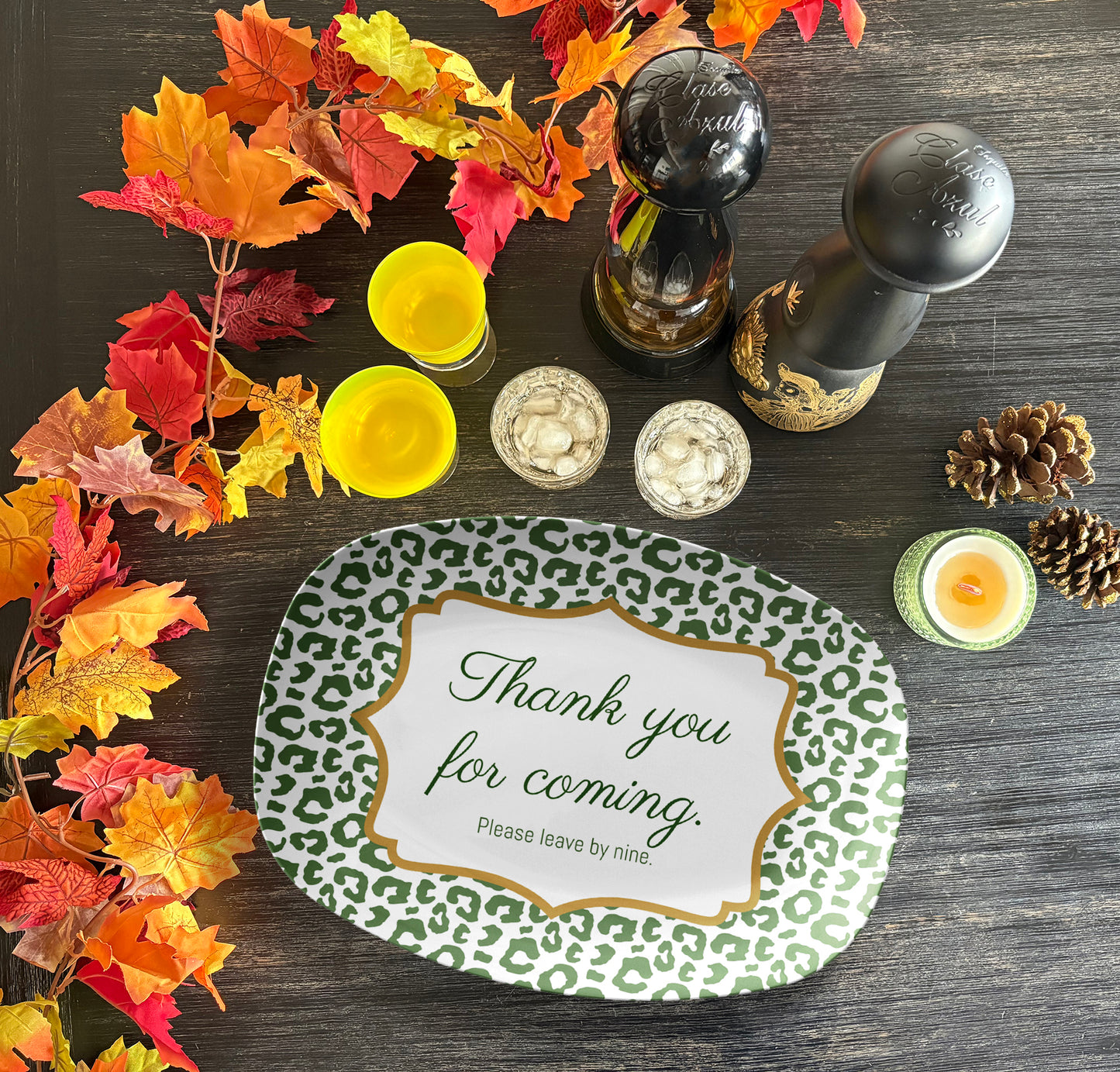 Fun Leopard Print Serving Platter, Green – “Thank You for Coming. Please Leave by Nine”, Luxury Plastic
