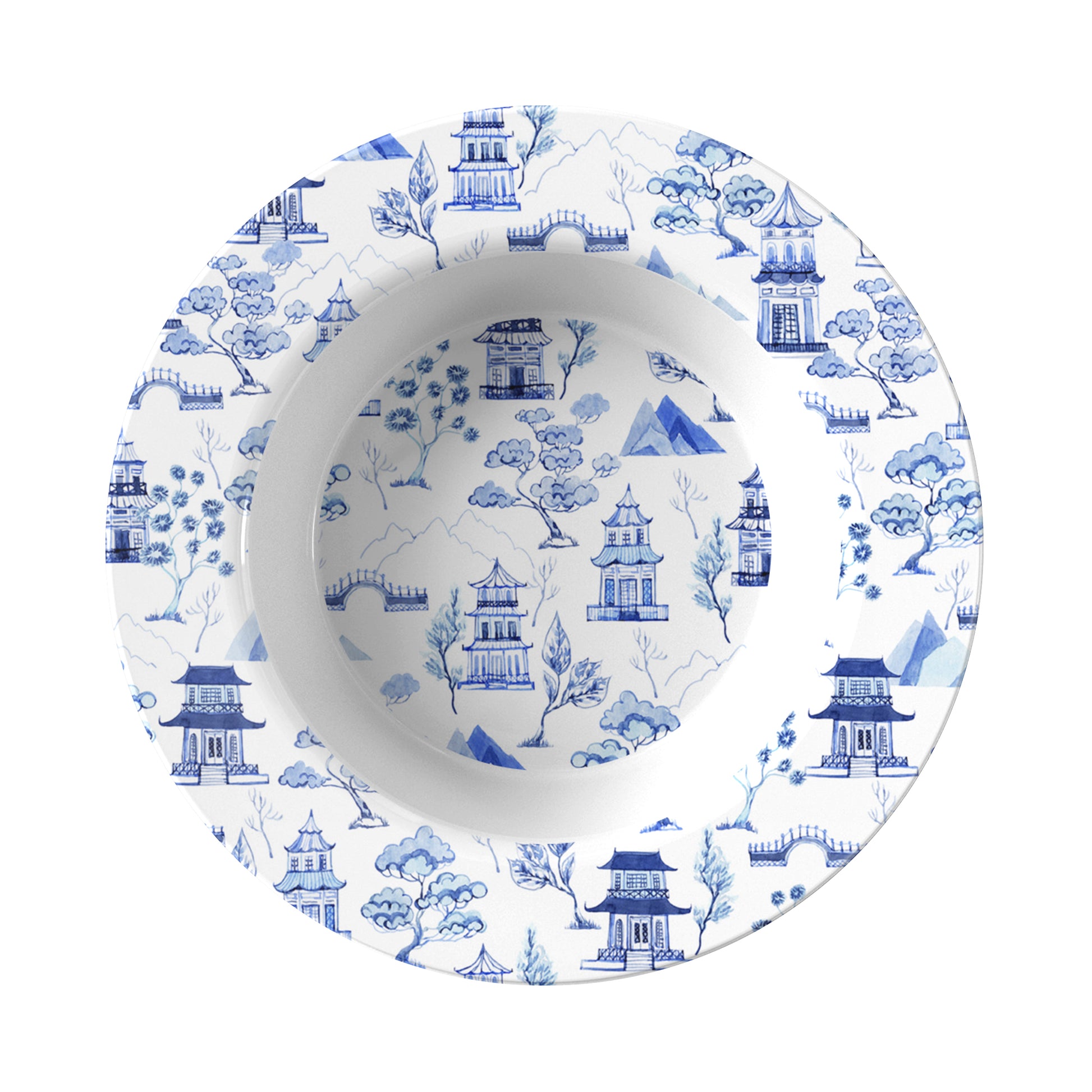 White bowl with blue architectural and nature pattern on a white background