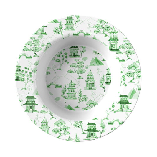 White bowl with green pagoda pattern on a white background