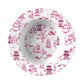 Pink pagodas, trees, bridges and mountains are printed on a white bowl.