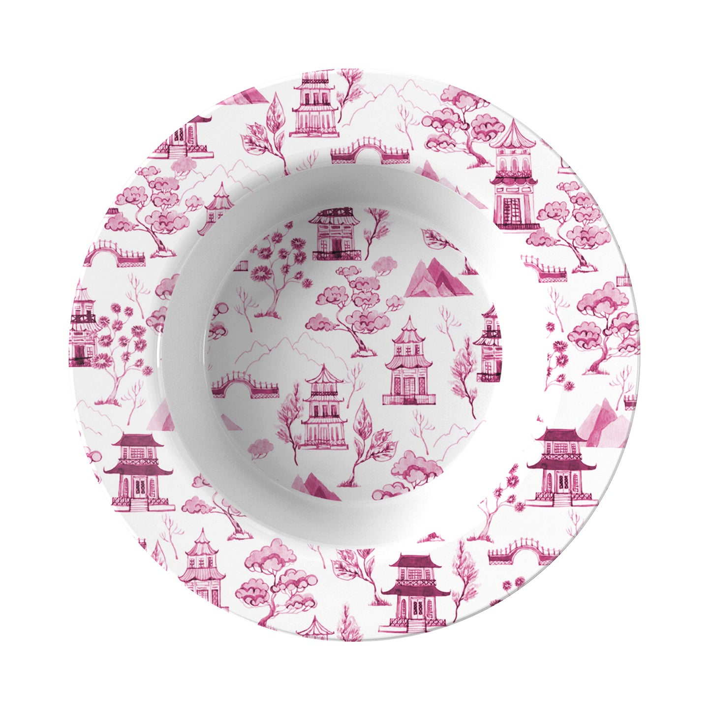 Pink pagodas, trees, bridges and mountains are printed on a white bowl.