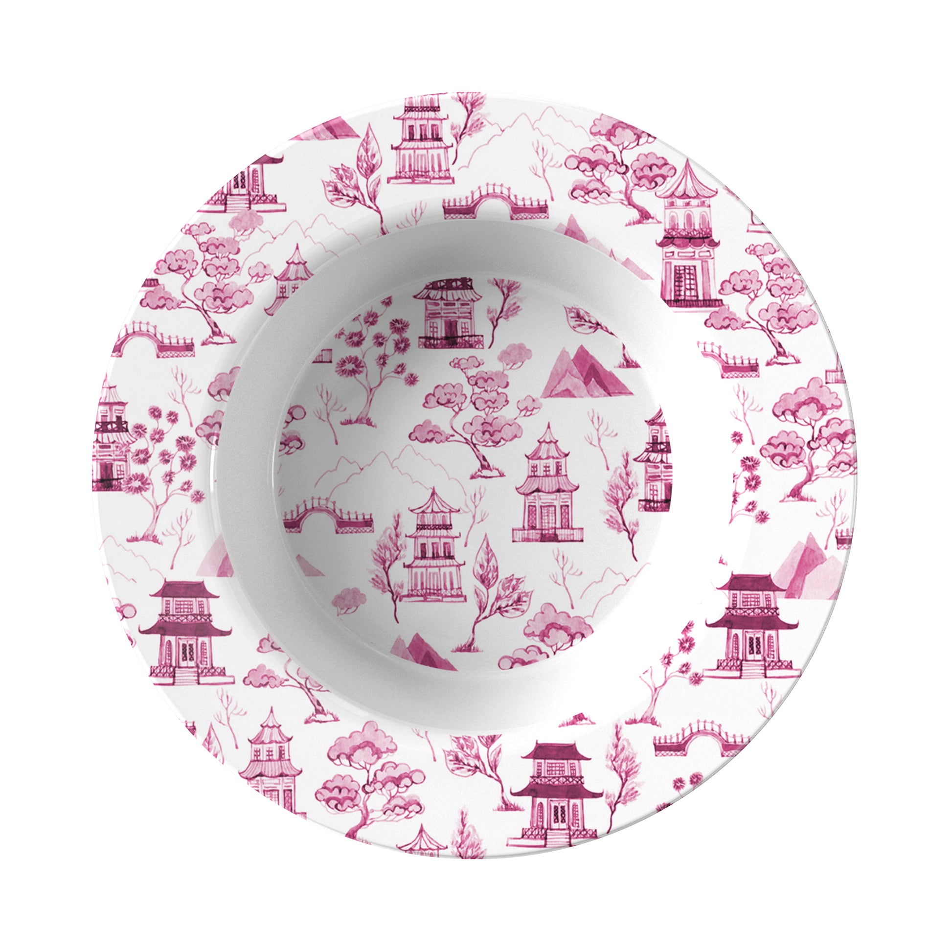 Pink pagodas, trees, bridges and mountains are printed on a white bowl.