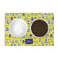 Chinoiserie pet bowl mat with custom name in yellow, blue and white