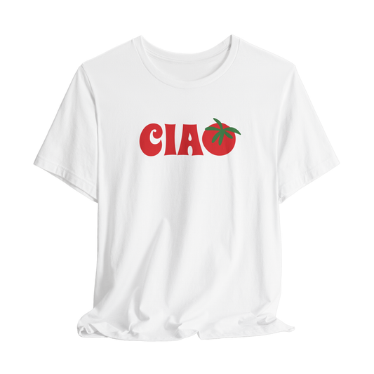 White t-shirt with 'CIAO' and tomato graphic on a white background