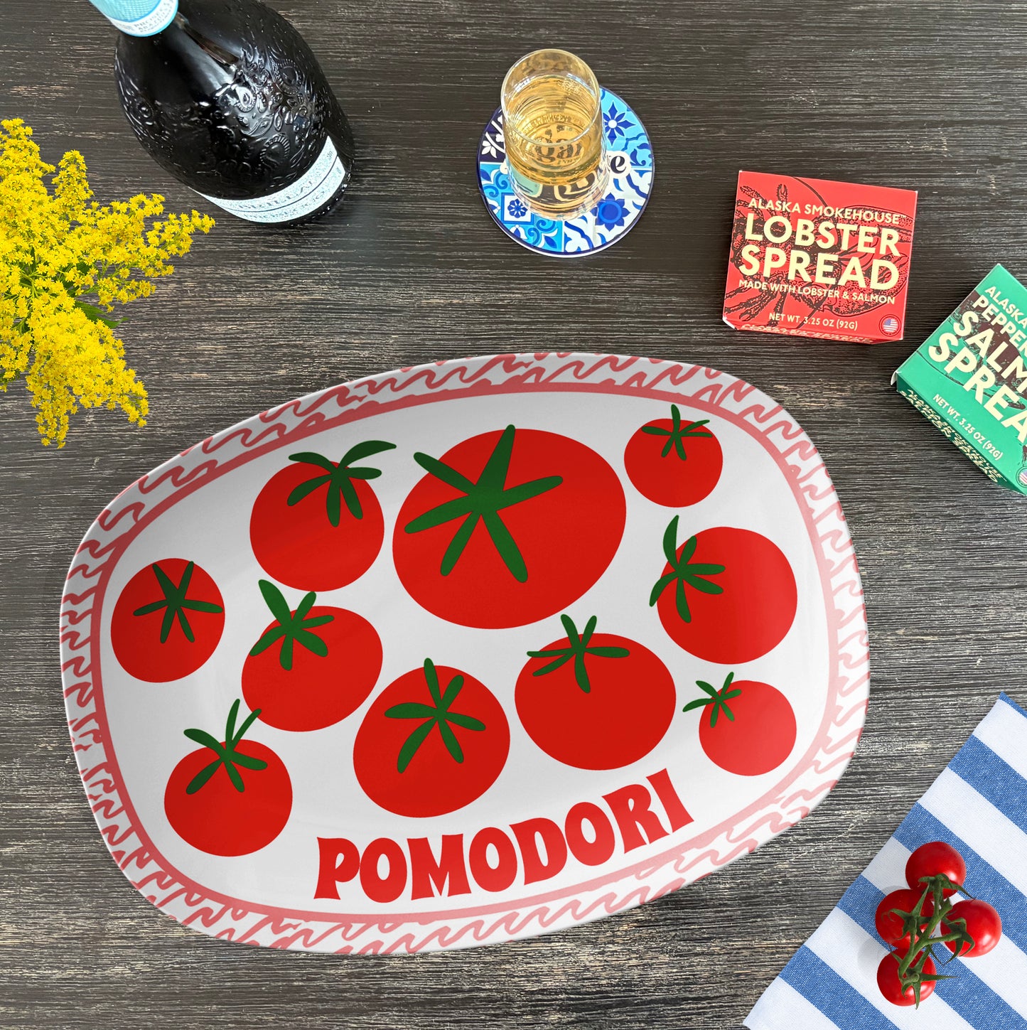 Pomodori Tomato Serving Platter with Coral & White Wavy Striped Border, Luxury Plastic