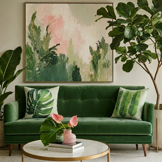 Monstera Leaf Green Linen Print Faux Suede Square Pillow, 20" x 20"