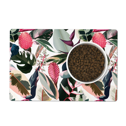 This striking dog or cat feeding mat features pink protea, ginger, birds of paradise flowers and gorgeous pink princess philodendron leaves.