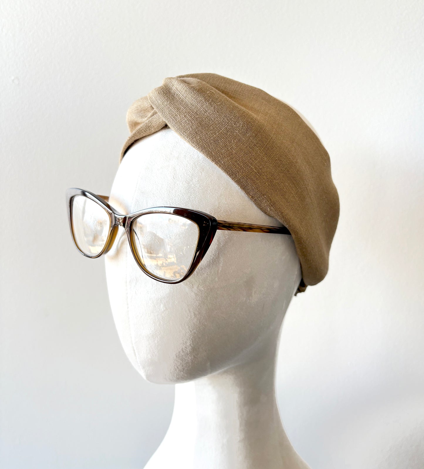 Camel Linen Headband, Turban Top Knot Wide Headband with Elastic