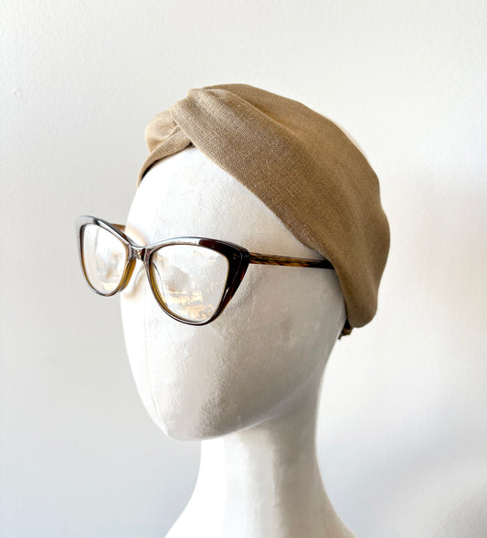 Camel Linen Headband, Turban Top Knot Wide Headband with Elastic