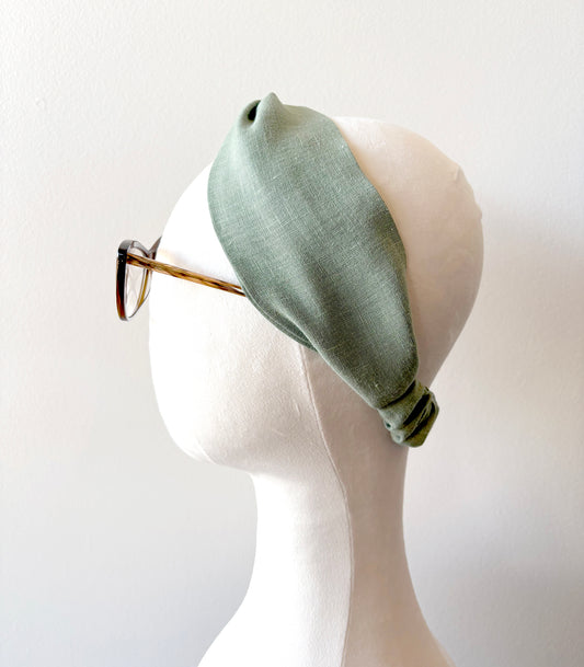 Light Sage Green Linen Headband, Wide Top Knot Turban Headband with Elastic