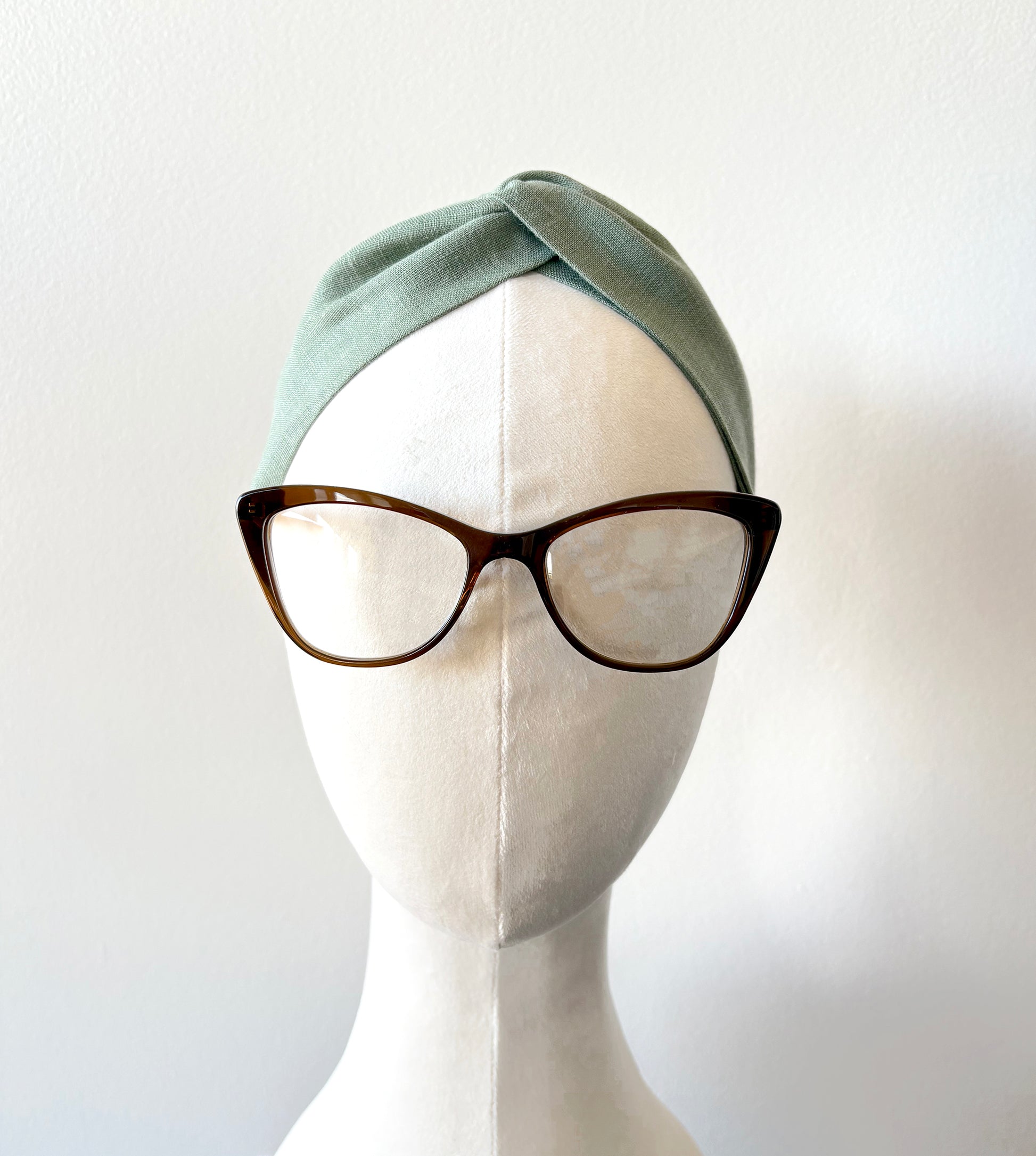 Light Green Linen Wide Turban Headband with Top Knot