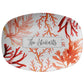 White Personalized Serving Plastic with sea coral design in pink, orange and red with custom name 
