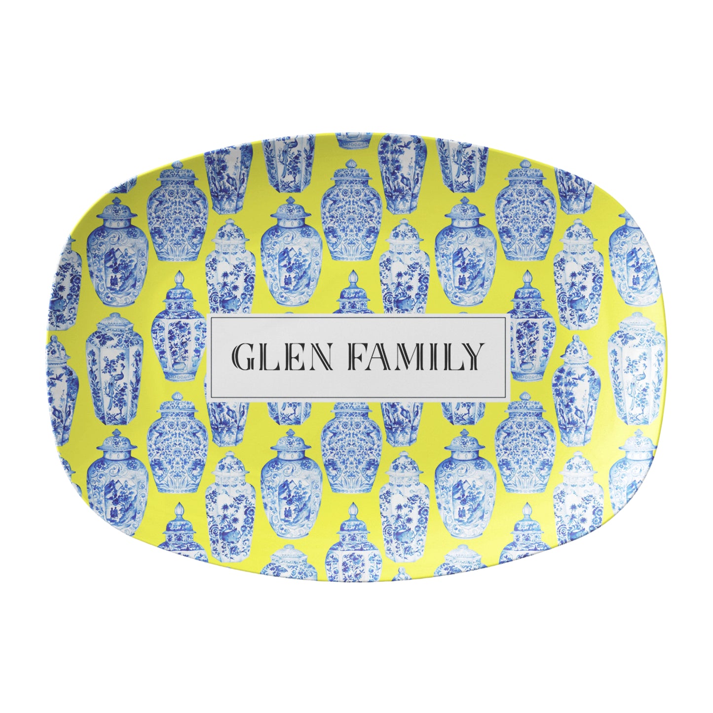 Chinoiserie inspired platter in blue, yellow and white with ginger jars print,  personalized with monogram, name or custom word.