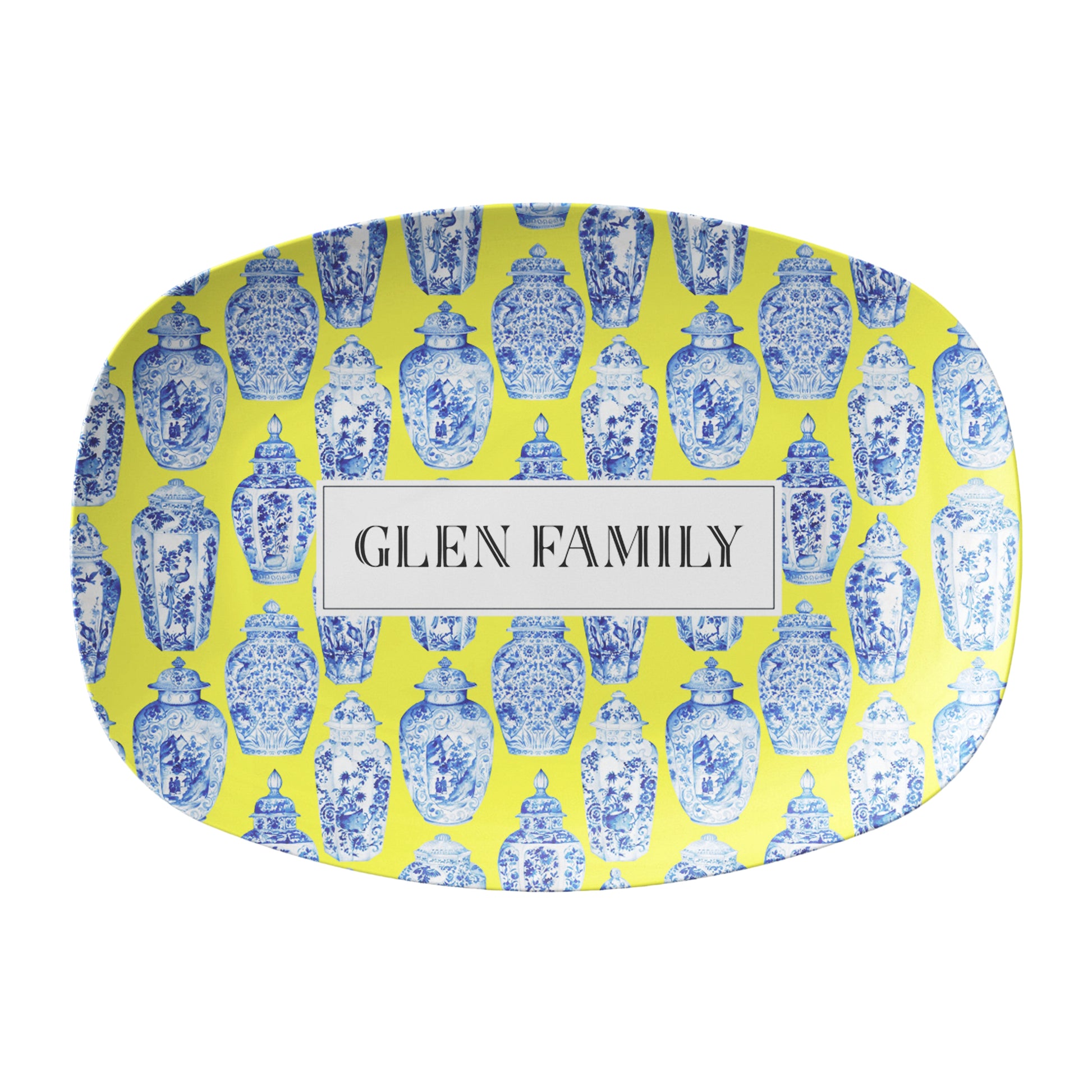 Chinoiserie inspired platter in blue, yellow and white with ginger jars print,  personalized with monogram, name or custom word.