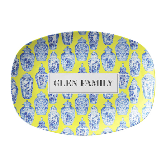 Chinoiserie inspired platter in blue, yellow and white with ginger jars print,  personalized with monogram, name or custom word.