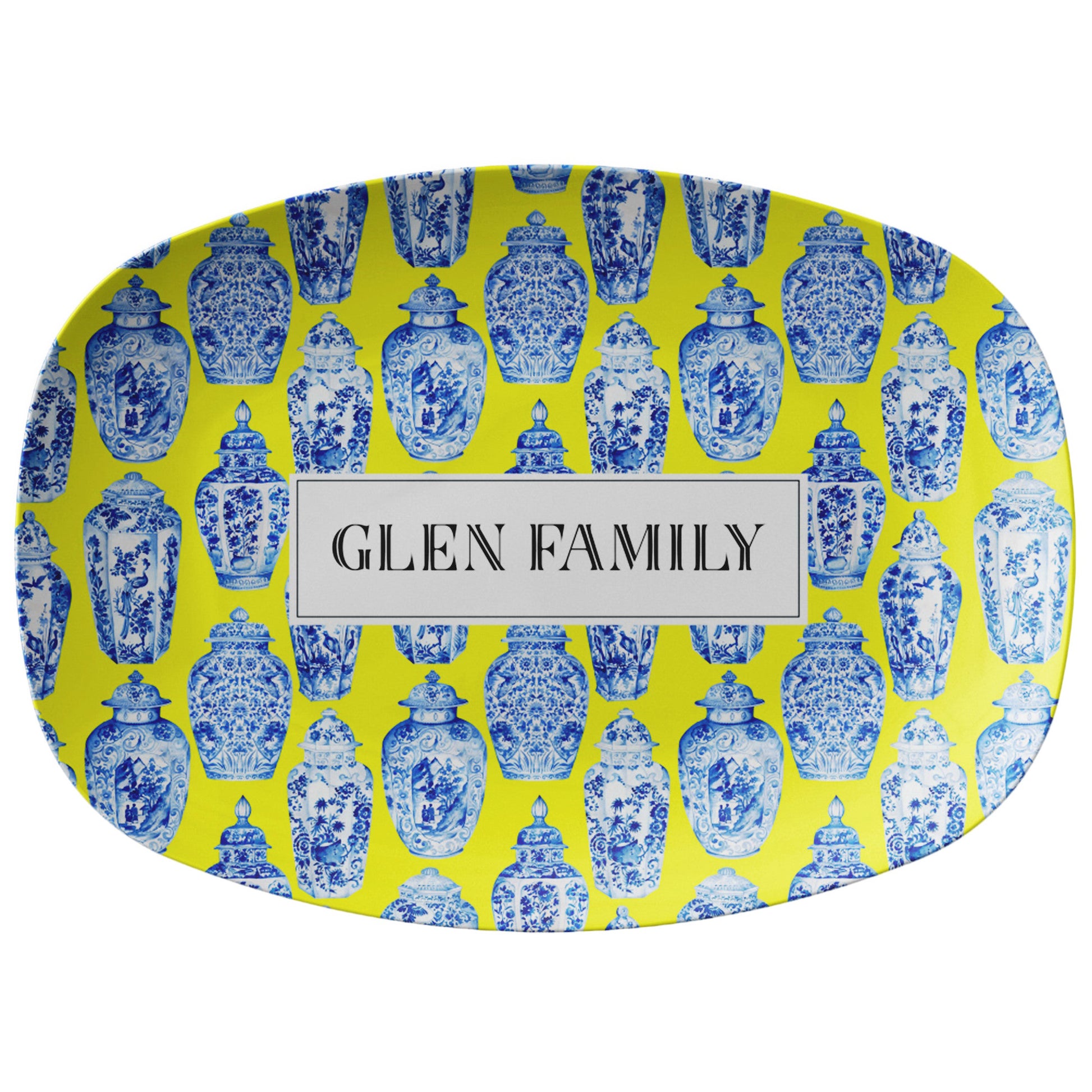 Chinoiserie inspired platter in blue, yellow and white with ginger jars print,  personalized with monogram, name or custom word.