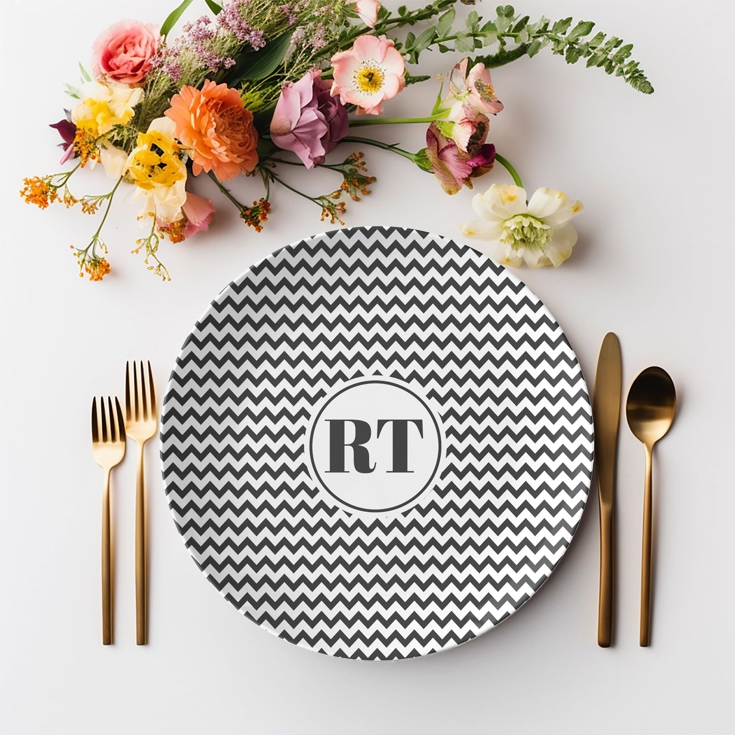 Personalized Black and White Chevron Stripe Monogram Plate Set featuring zig zag stripes and monogram initials