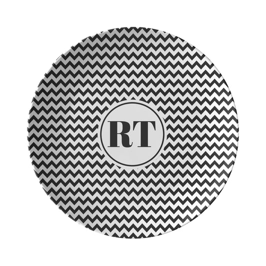 Black and White Chevron Stripe Monogram Plate Set featuring zig zag stripes and monogram initials