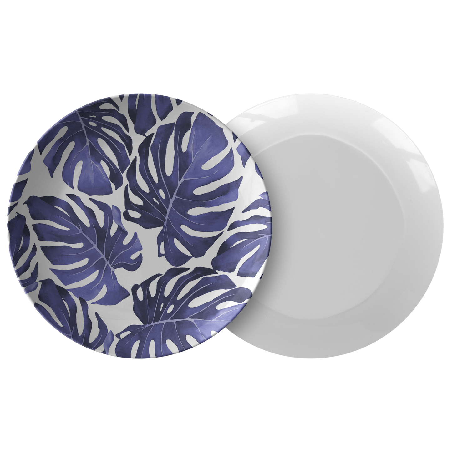 Monstera Leaves Plastic Plates, Blue & White, Set of Four