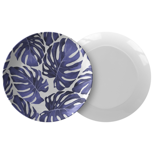 Monstera Leaves Plastic Plates, Blue & White, Set of Four