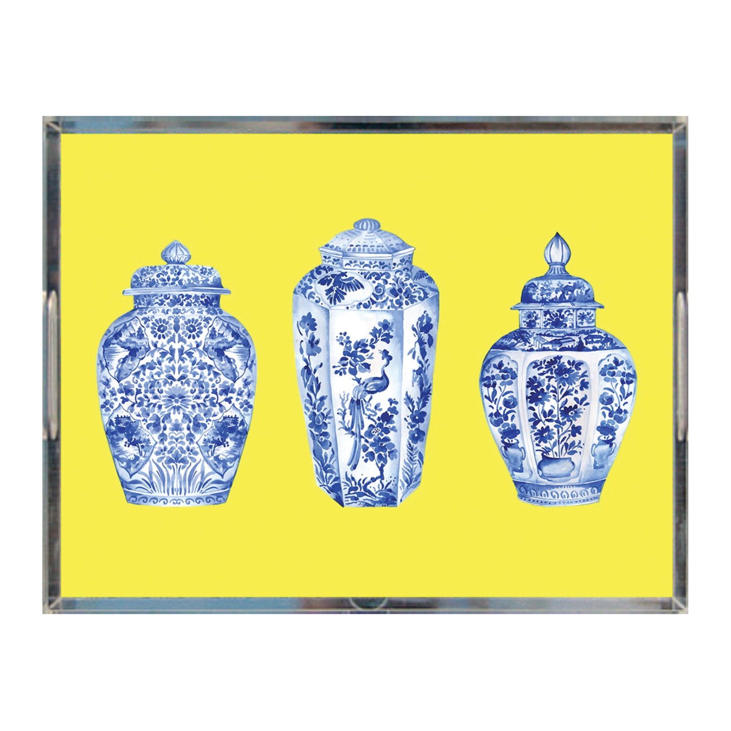 Blue & White Ginger Jars Print Decorative Tray, Serving Tray for Drinks, Yellow