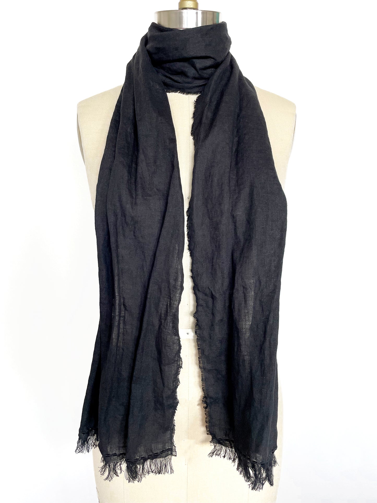 Fringed Black Linen Scarf with Embroidery, Unisex, Two Sizes