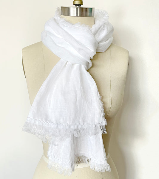 Fringed White linen Scarf with Embroidery Unisex