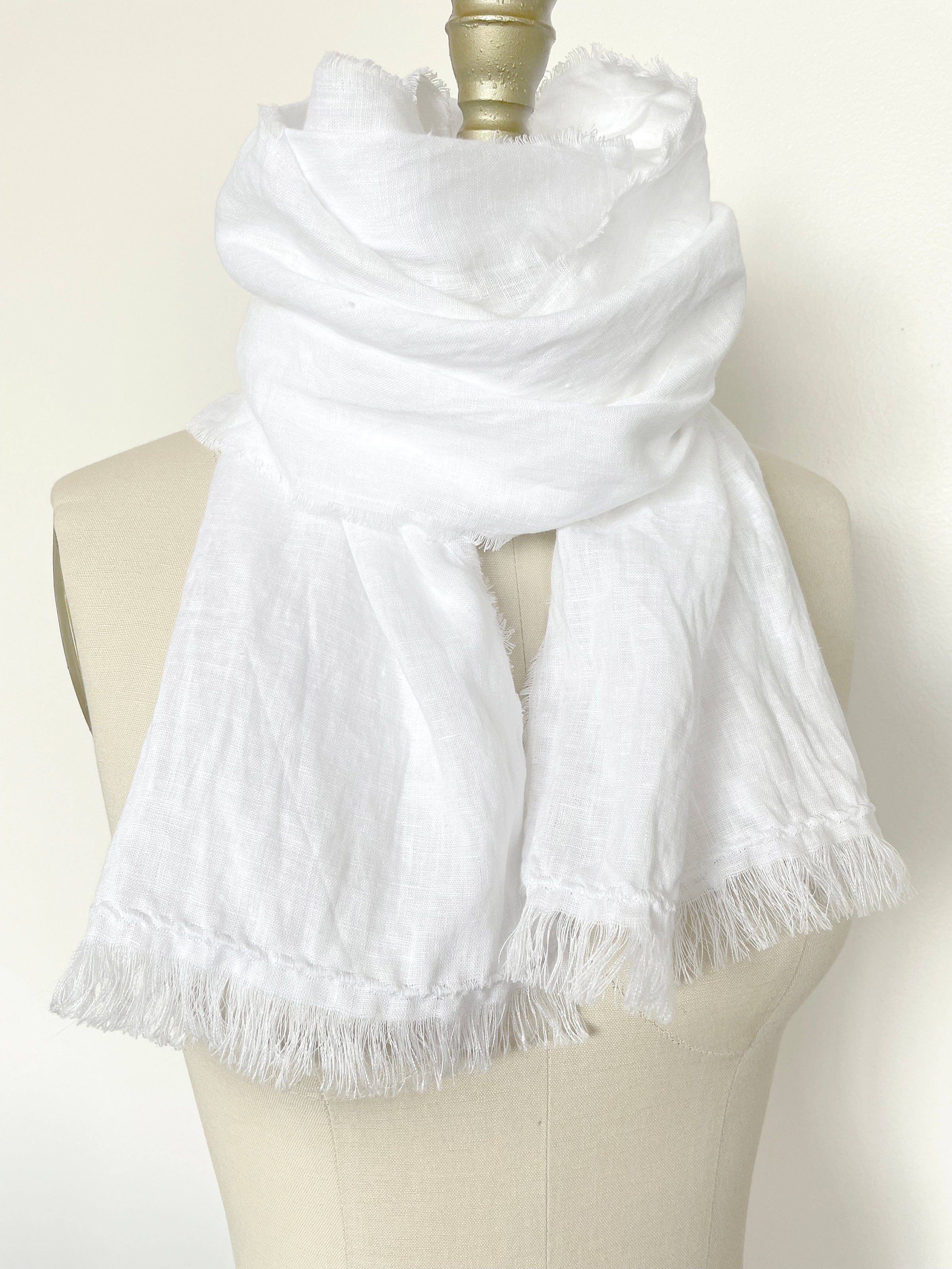 Fringed White Linen Scarf with Embroidery, Women and Men, Two Sizes