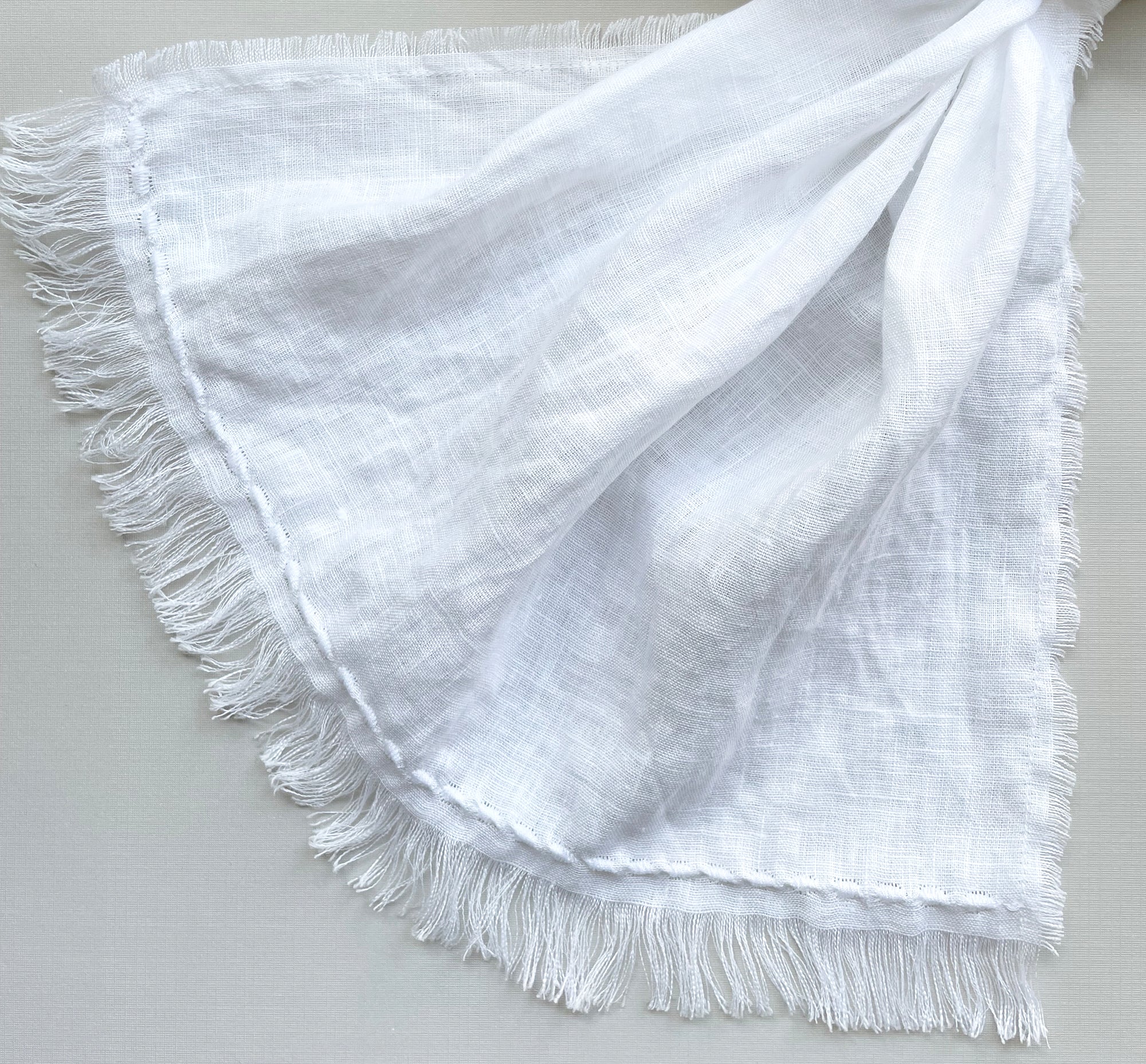 Fringed White Linen Scarf with Embroidery Trim, Unisex, Two Sizes