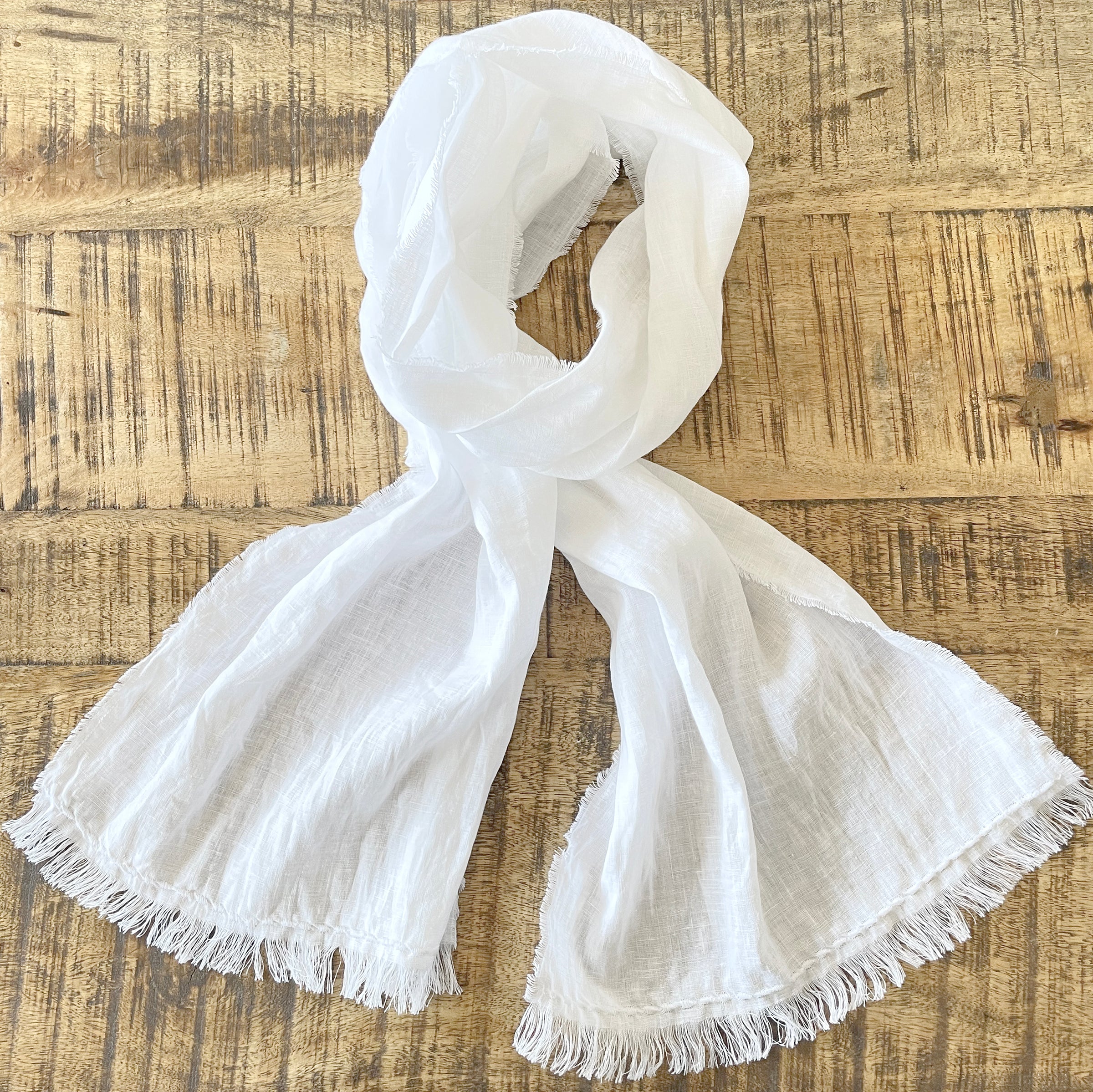 Fringed White Linen Scarf with Embroidery Trim, Unisex, Two Sizes 