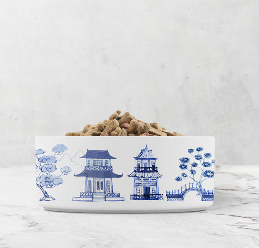 Chinoiserie Pet Bowl, Pagoda Print, Ceramic, Blue and White