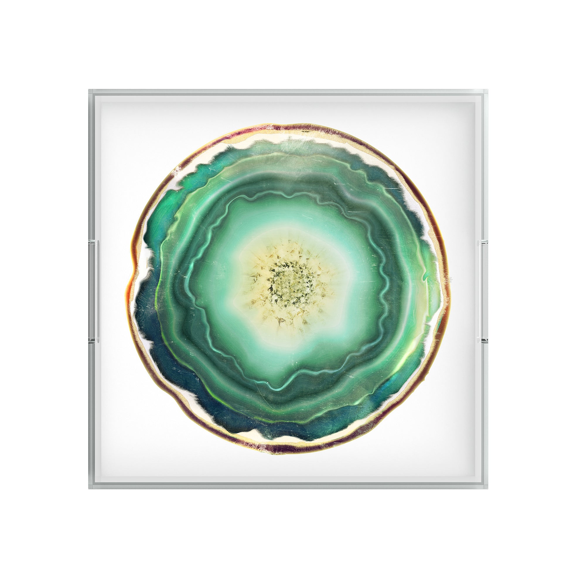 Green Agate Slice Print Lucite Acrylic Square Tray, 12" x 12"