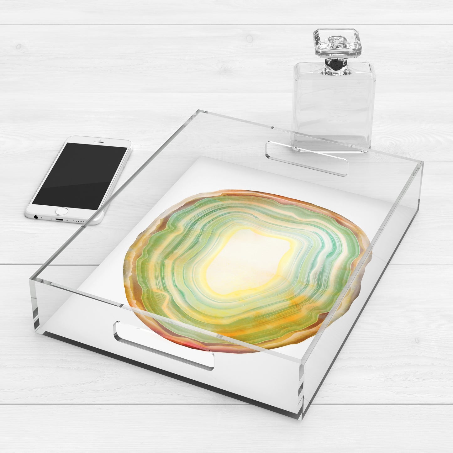 Sage Green & Yellow Agate Slice Acrylic Lucite Trays, 2 Sizes
