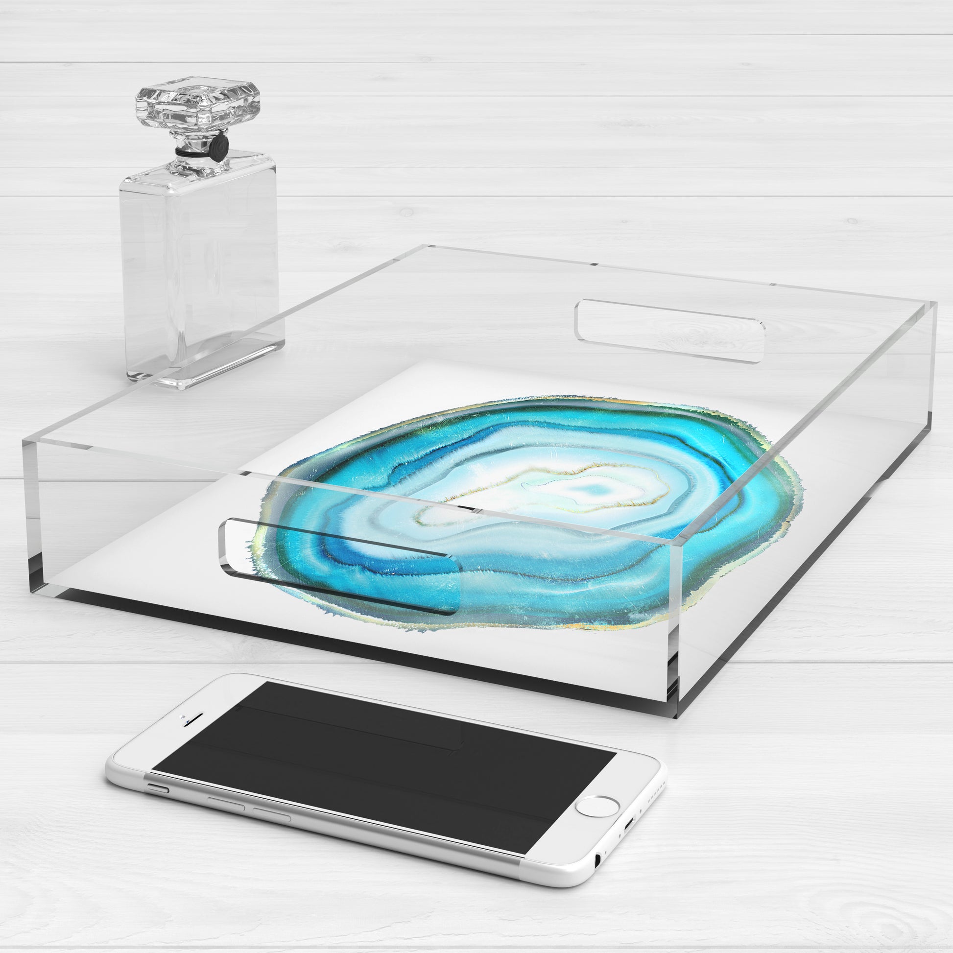 Agate Slice Lucite Acrylic Tray, 12" x 12", Teal Blue