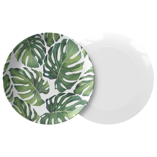 All-Over Tropical Monstera Palm Leaves Print 10" Dinner Plate, ThermoSāf® Polymer