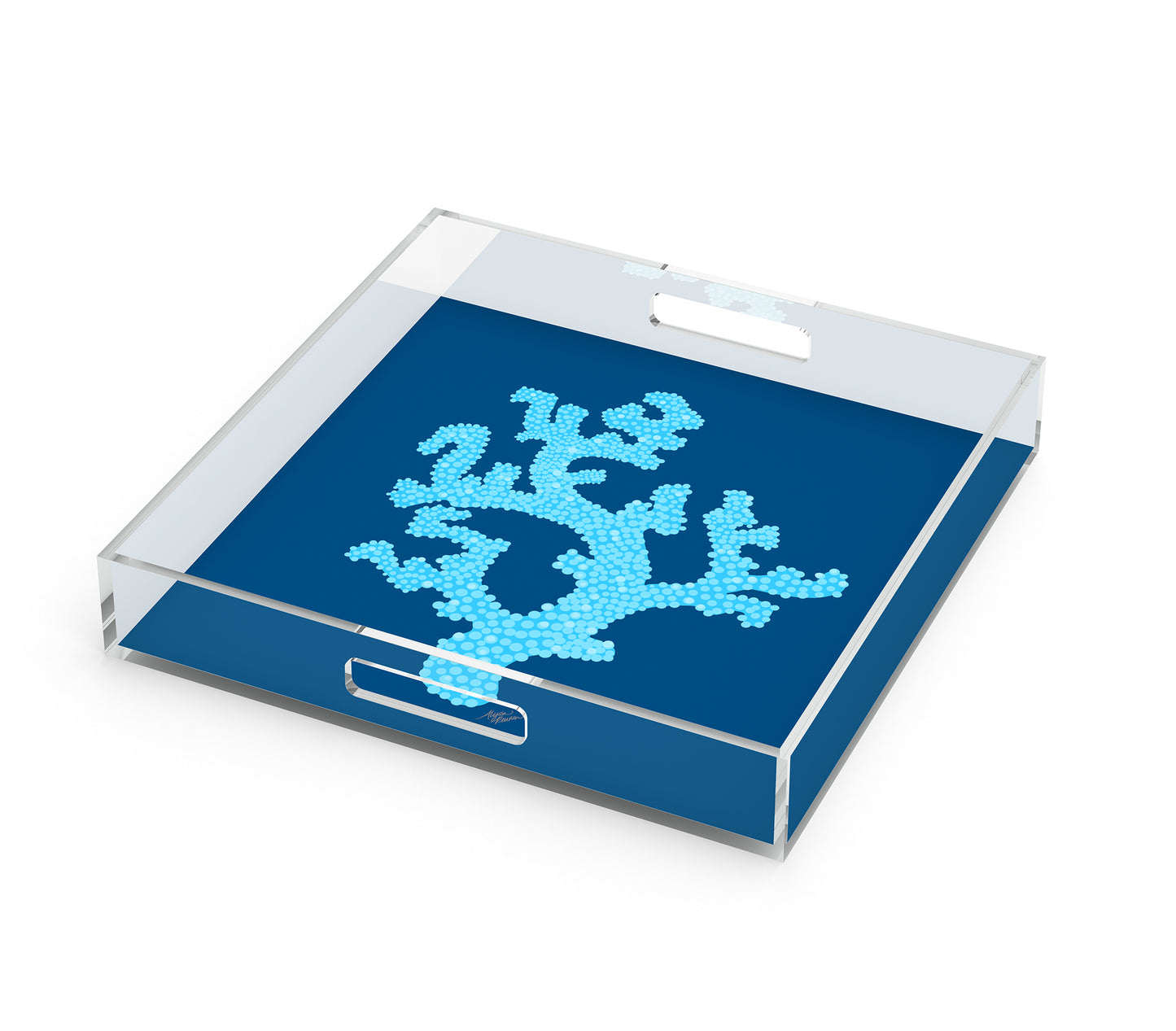 Sea Coral Art Decorative Serving Tray, Aqua Blue & Navy Blue, 12" x 12"