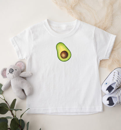 Avocado slice graphic is printed on white tshirt for babies.