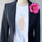Peace Sign print t-shirt for women. Classic crewneck short sleeve tee features a hand wearing a glamorous aqua ring and a fabulous light blue manicure flashing the peace sign.