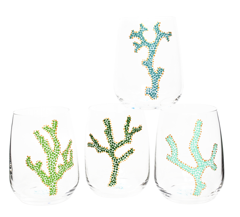 Coral Branch Glassware, Hand Painted Wine Glasses, Turquoise & Green