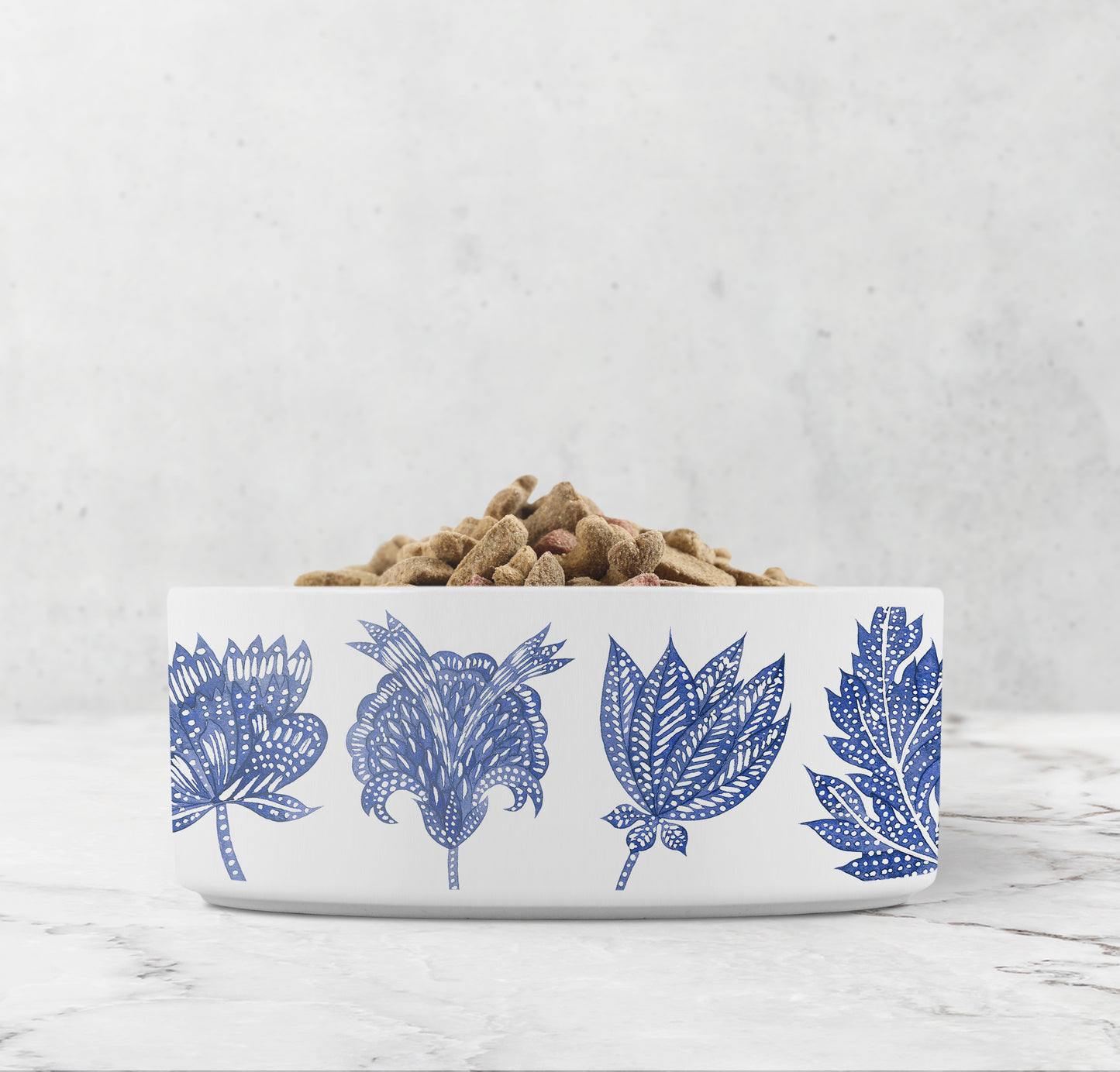 Floral Batik Pet Bowl, Blue and White, Ceramic